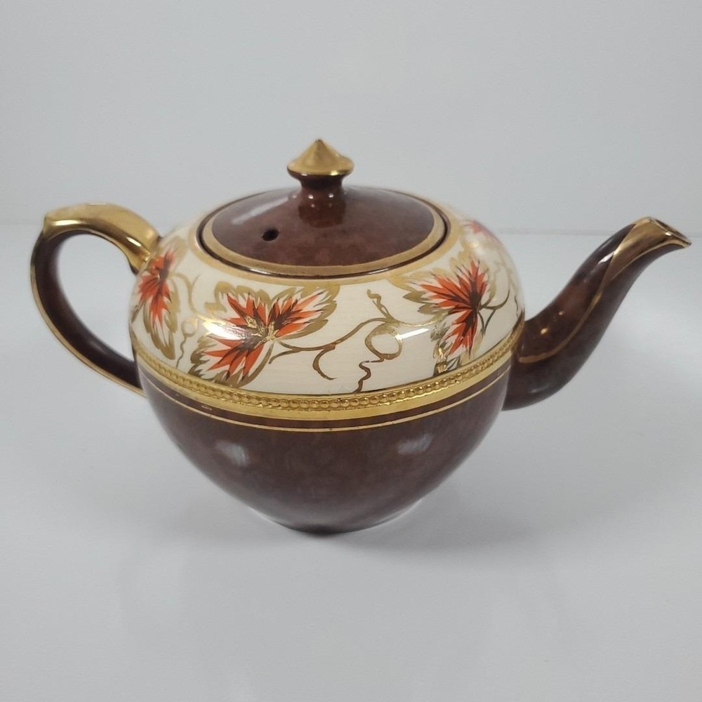 Vintage Arthur Wood England Brown Betty Marbled Gold Leaf Enamel Tea Pot Teapot